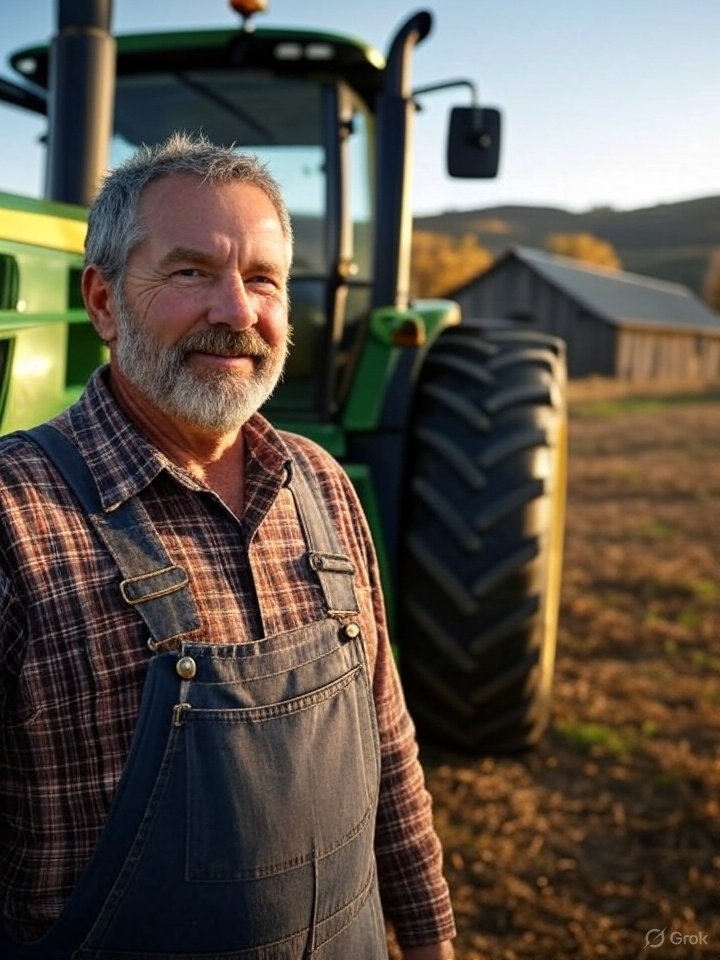farm owner next to tractor